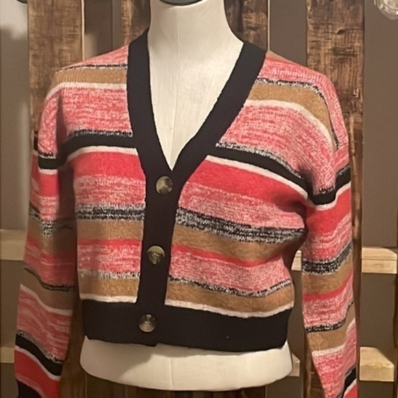 Bp sweater woman’s black mark stripe red brown cardigan button New size XXS - Picture 1 of 6